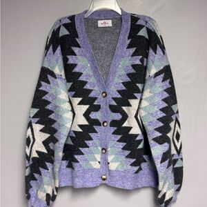 Geometric Patterned Cardigan Sweater by R2 women’s size Large L purple Aztec